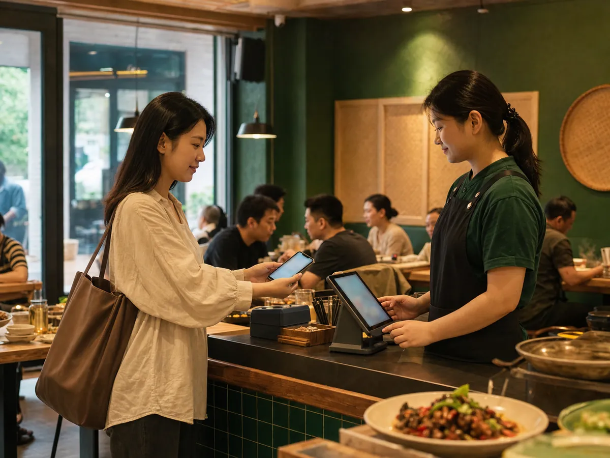 顾客在餐饮门店出示手机、店员使用收银设备承接服务的 AI 场景示意
