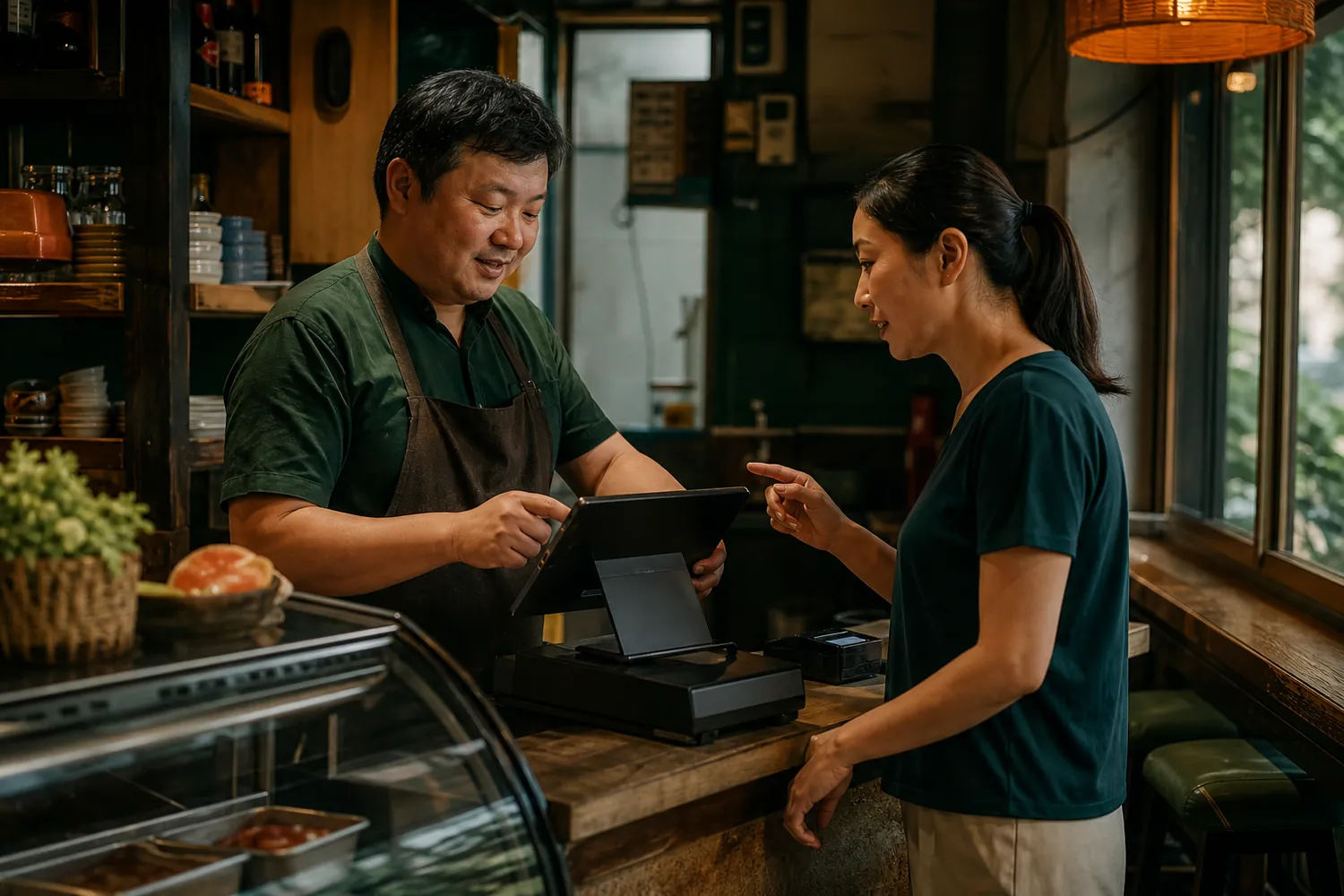 门店经营人员在收银台为顾客办理收款与核销的 AI 场景示意