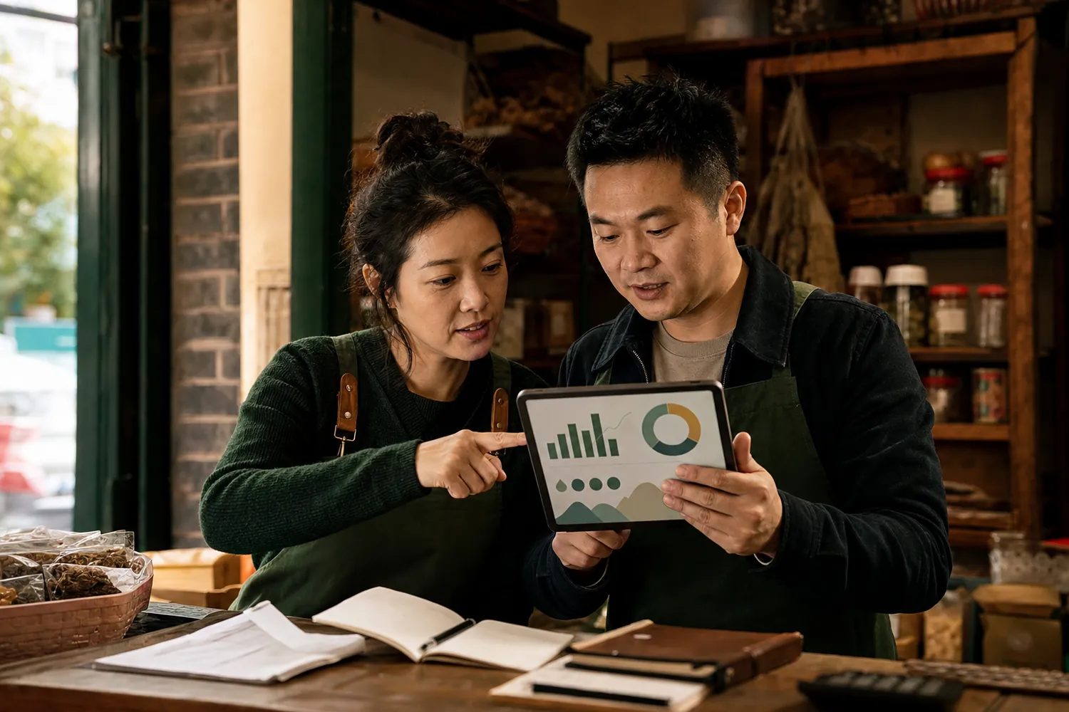 商家与服务人员查看经营数据并复盘的 AI 场景示意